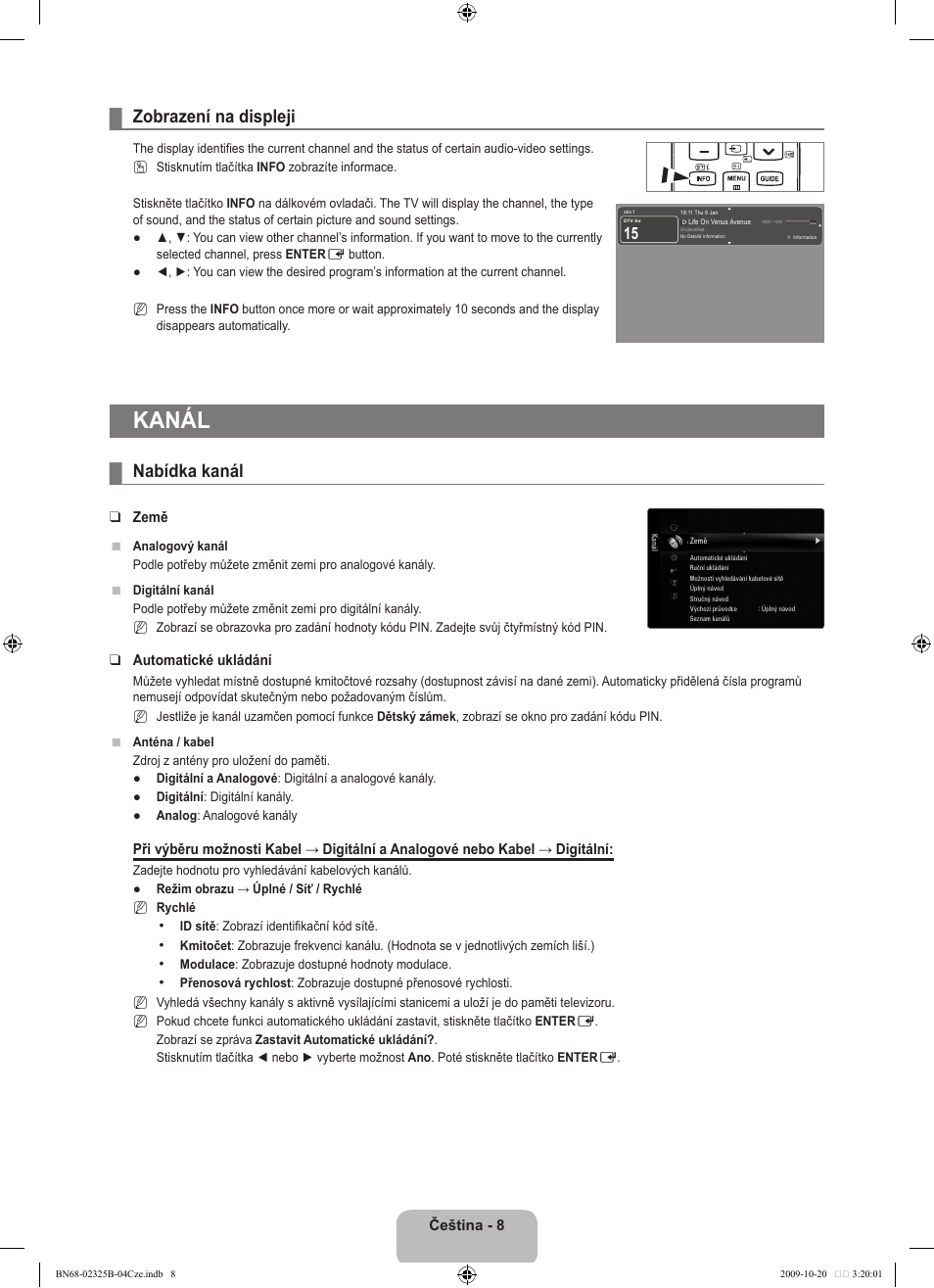 Kanál, Zobrazení na displeji, Nabídka kanál | Samsung LE37B650T2W User Manual | Page 418 / 680