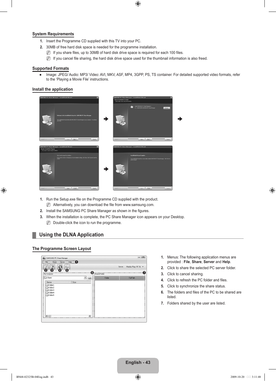 Using the dlna application | Samsung LE37B650T2W User Manual | Page 45 / 680