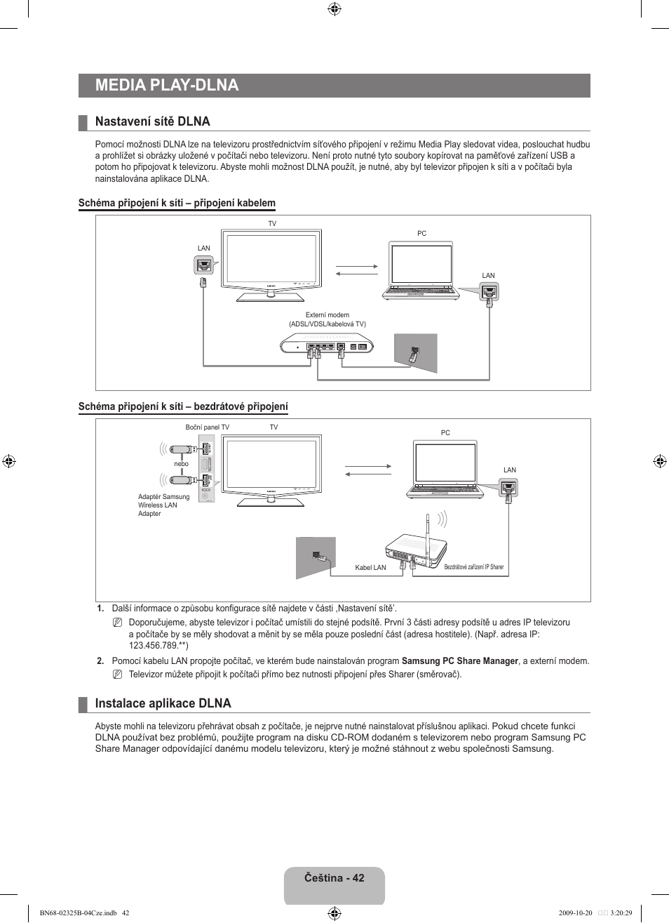 Media play-dlna, Nastavení sítě dlna, Instalace aplikace dlna | Samsung LE37B650T2W User Manual | Page 452 / 680