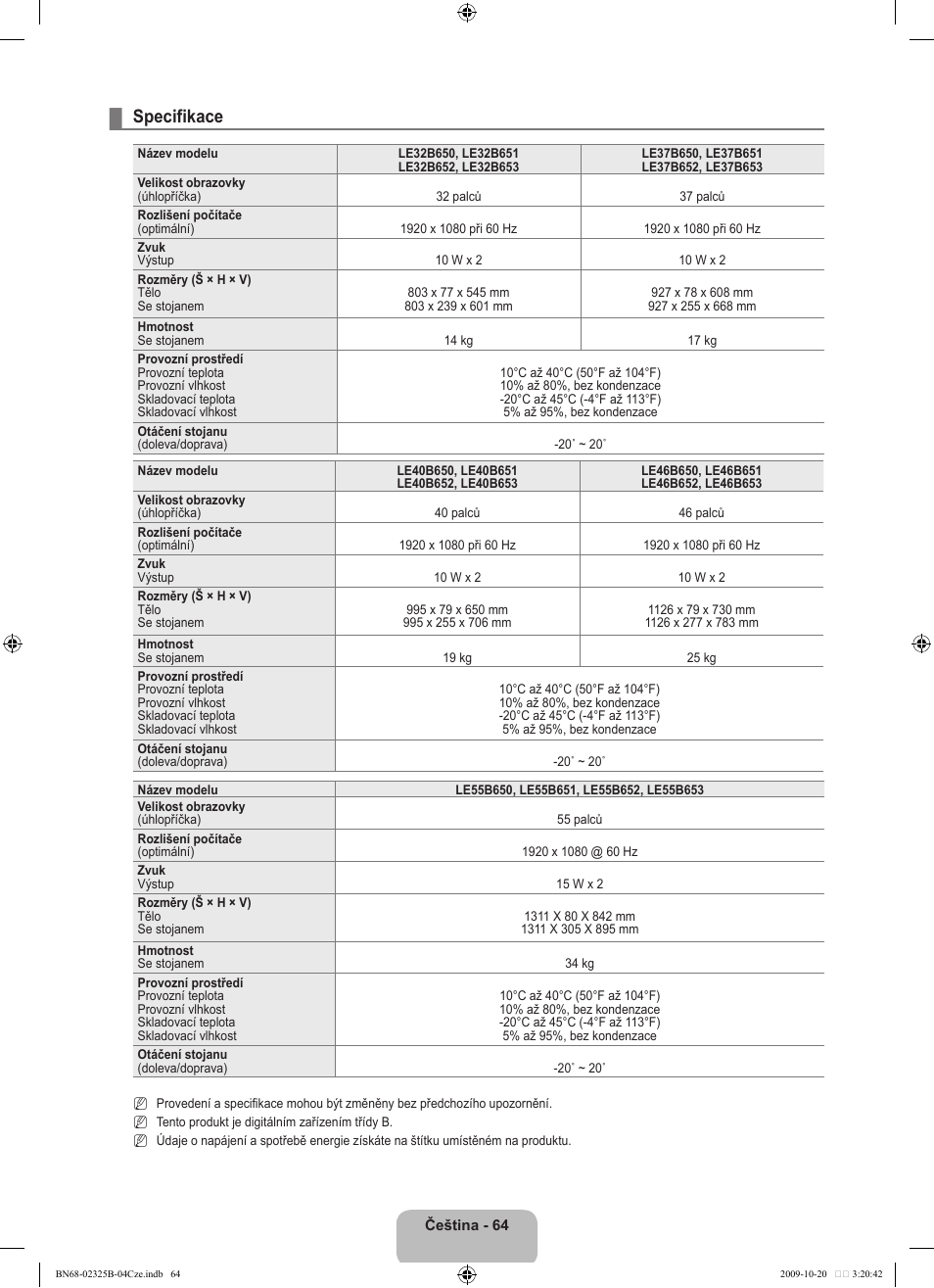 Specifikace | Samsung LE37B650T2W User Manual | Page 474 / 680