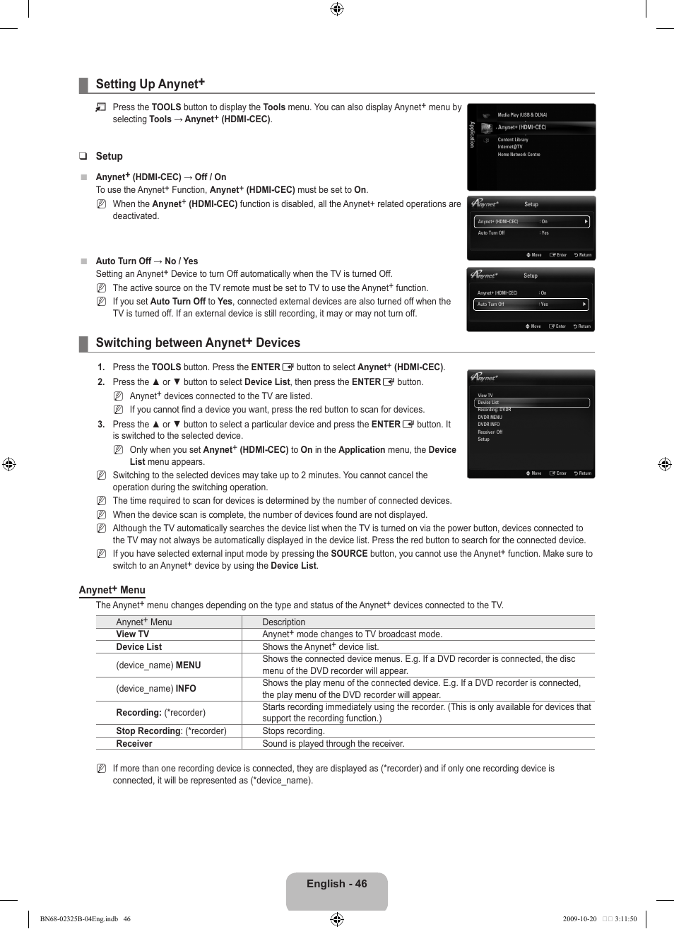 Setting up anynet, Switching between anynet+ devices | Samsung LE37B650T2W User Manual | Page 48 / 680