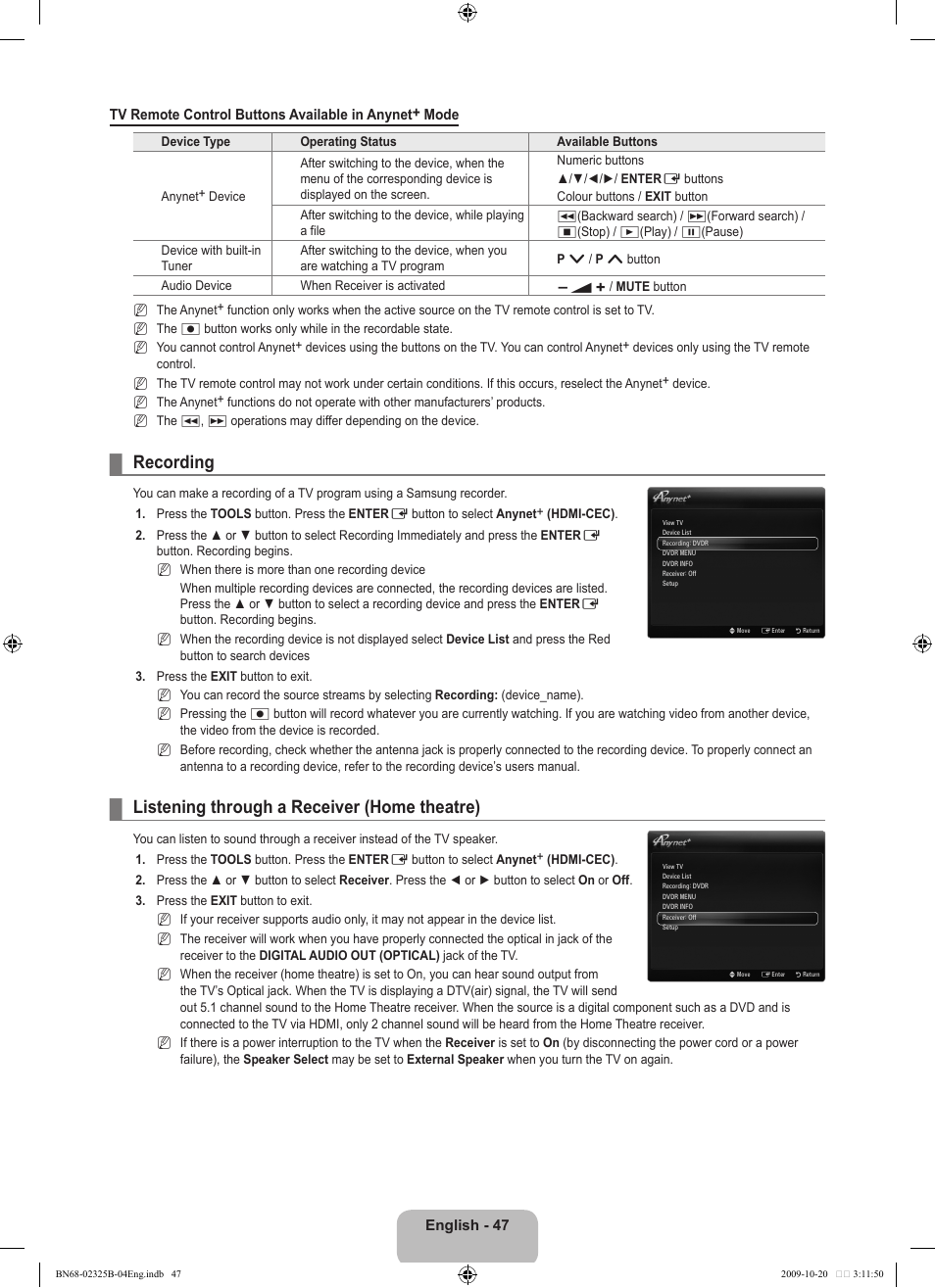 Recording, Listening through a receiver (home theatre) | Samsung LE37B650T2W User Manual | Page 49 / 680