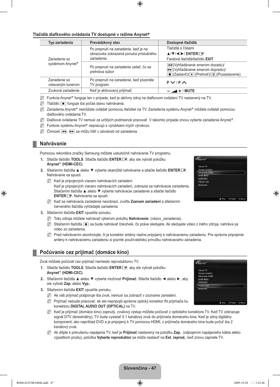 Nahrávanie, Počúvanie cez prijímač (domáce kino) | Samsung LE37B650T2W User Manual | Page 523 / 680