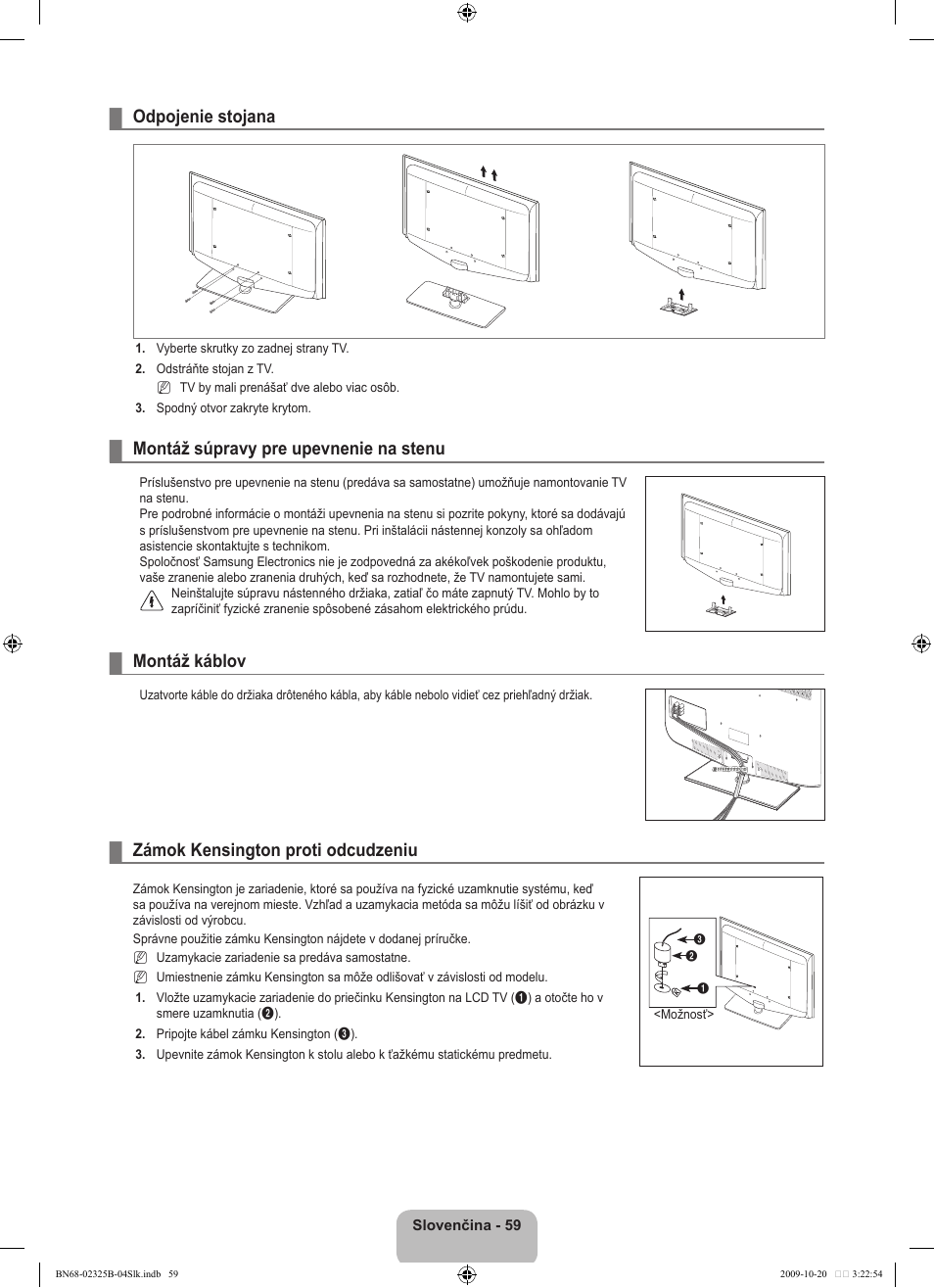 Odpojenie stojana, Montáž súpravy pre upevnenie na stenu, Montáž káblov | Zámok kensington proti odcudzeniu | Samsung LE37B650T2W User Manual | Page 535 / 680