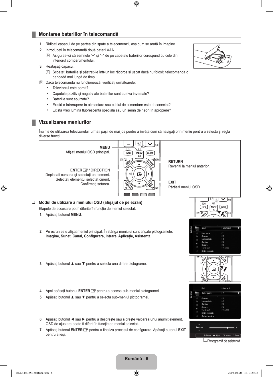 Funcţionare, Montarea bateriilor în telecomandă, Vizualizarea meniurilor | Română | Samsung LE37B650T2W User Manual | Page 548 / 680