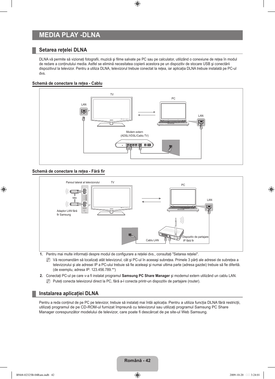 Media play -dlna, Setarea reţelei dlna, Instalarea aplicaţiei dlna | Samsung LE37B650T2W User Manual | Page 584 / 680