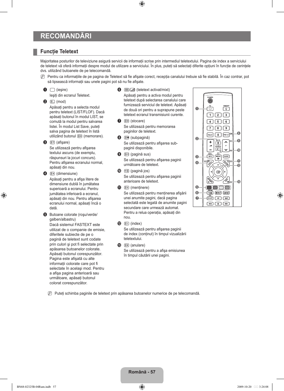 Recomandări, Funcţie teletext | Samsung LE37B650T2W User Manual | Page 599 / 680