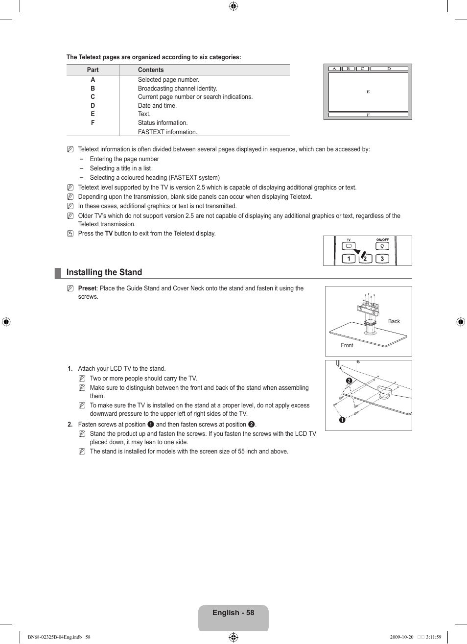 Installing the stand | Samsung LE37B650T2W User Manual | Page 60 / 680