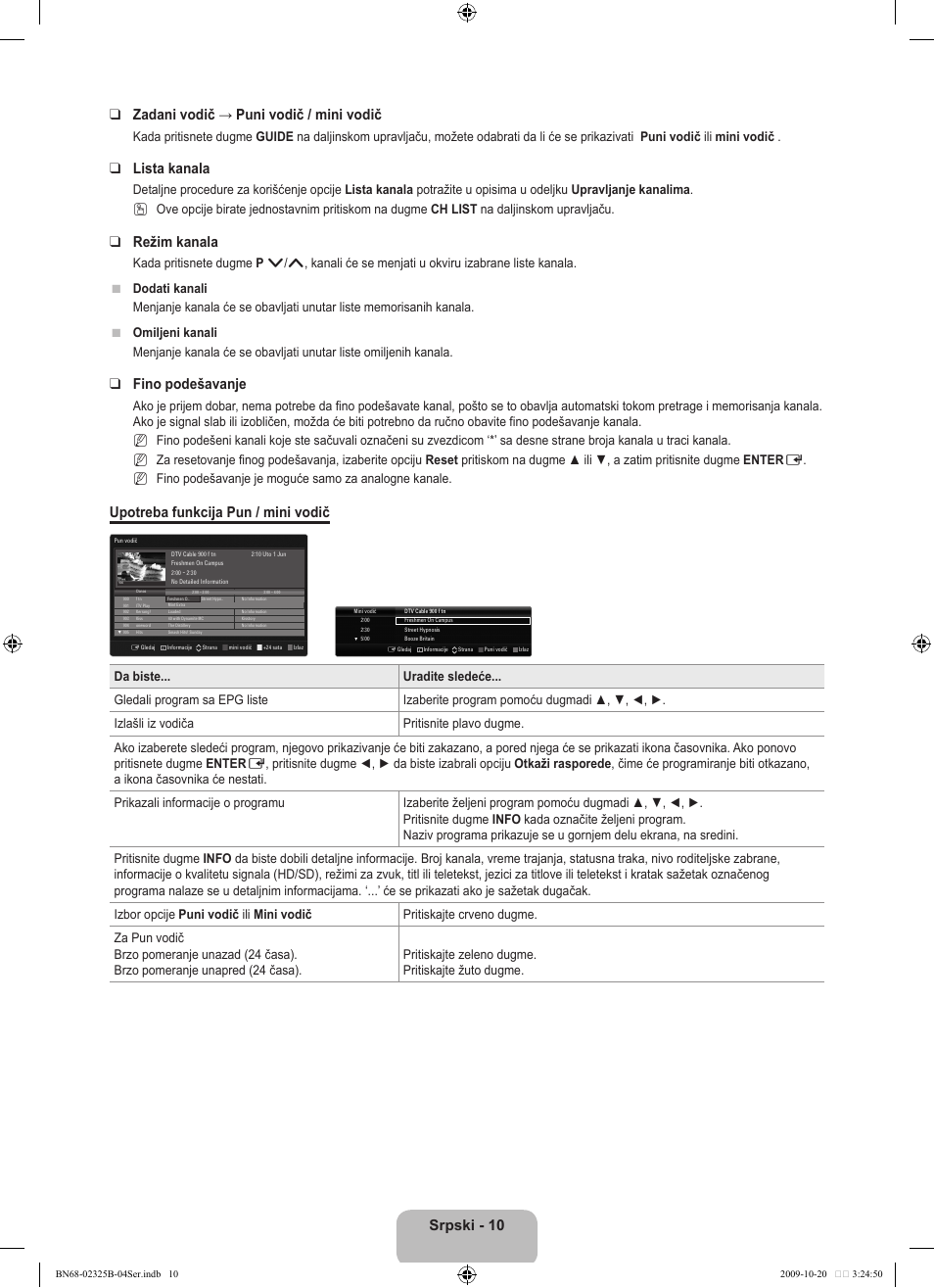 Srpski - 10 zadani vodič → puni vodič / mini vodič, Lista kanala, Režim kanala | Fino podešavanje, Upotreba funkcija pun / mini vodič | Samsung LE37B650T2W User Manual | Page 618 / 680