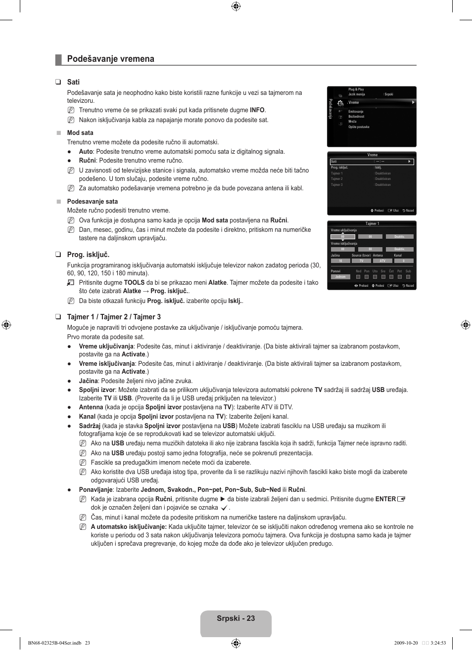 Podešavanje vremena, Srpski - 23, Sati | Prog. isključ, Tajmer 1 / tajmer 2 / tajmer 3 | Samsung LE37B650T2W User Manual | Page 631 / 680