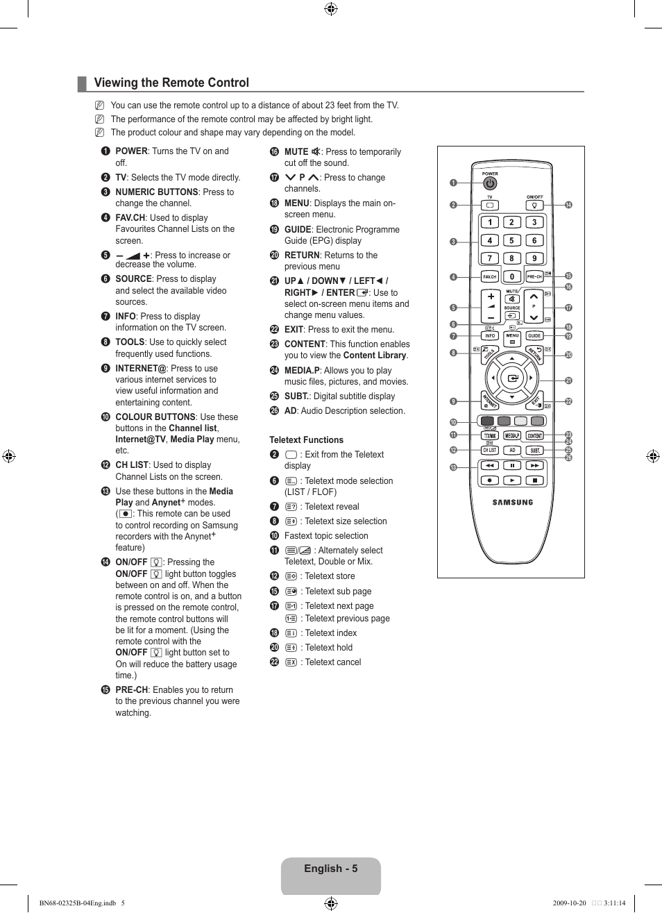 Viewing the remote control | Samsung LE37B650T2W User Manual | Page 7 / 680
