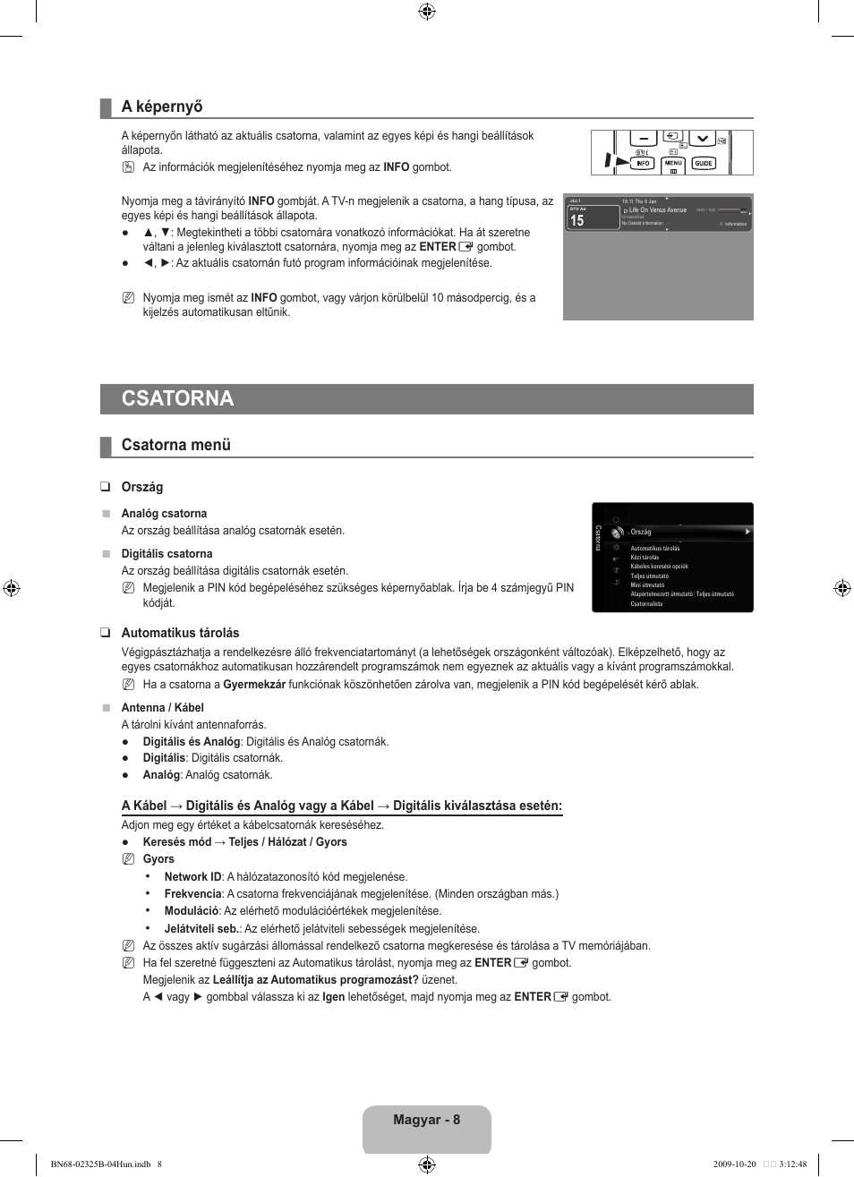 Csatorna, A képernyő, Csatorna menü | Samsung LE37B650T2W User Manual | Page 88 / 680