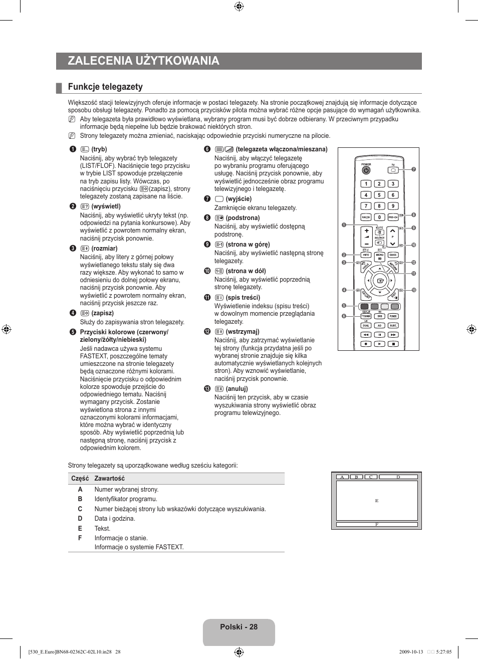 Zalecenia użytkowania, Funkcje telegazety | Samsung LE32B541P7W User Manual | Page 102 / 368