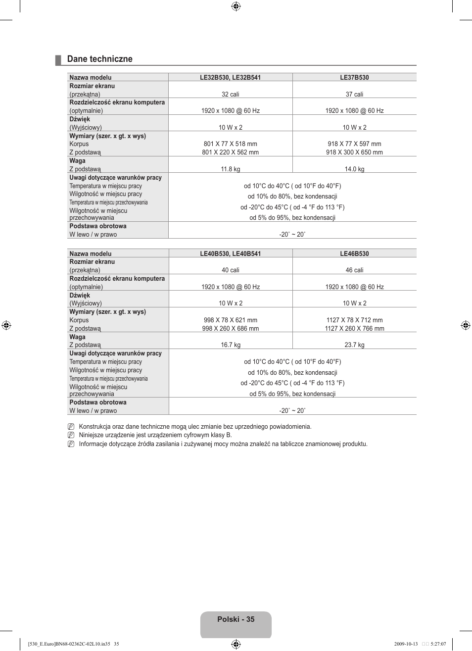 Dane techniczne | Samsung LE32B541P7W User Manual | Page 109 / 368