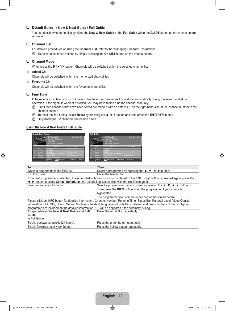 Channel list, Channel mode, Fine tune | Using the now & next guide / full guide | Samsung LE32B541P7W User Manual | Page 12 / 368