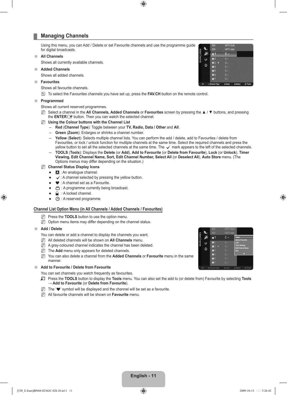 Managing channels, English - 11 | Samsung LE32B541P7W User Manual | Page 13 / 368