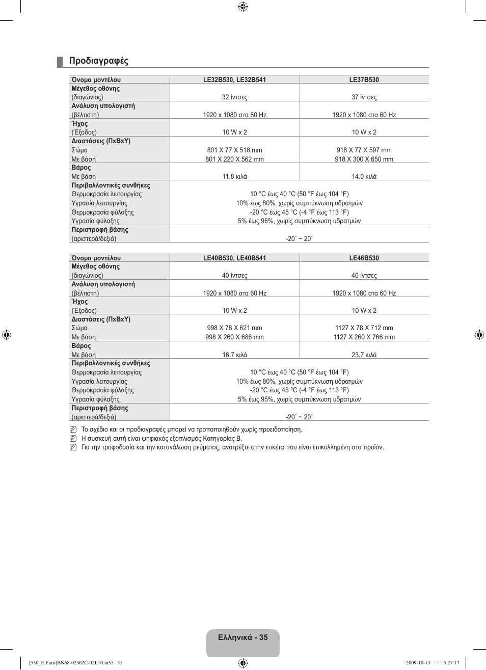 Προδιαγραφές | Samsung LE32B541P7W User Manual | Page 145 / 368