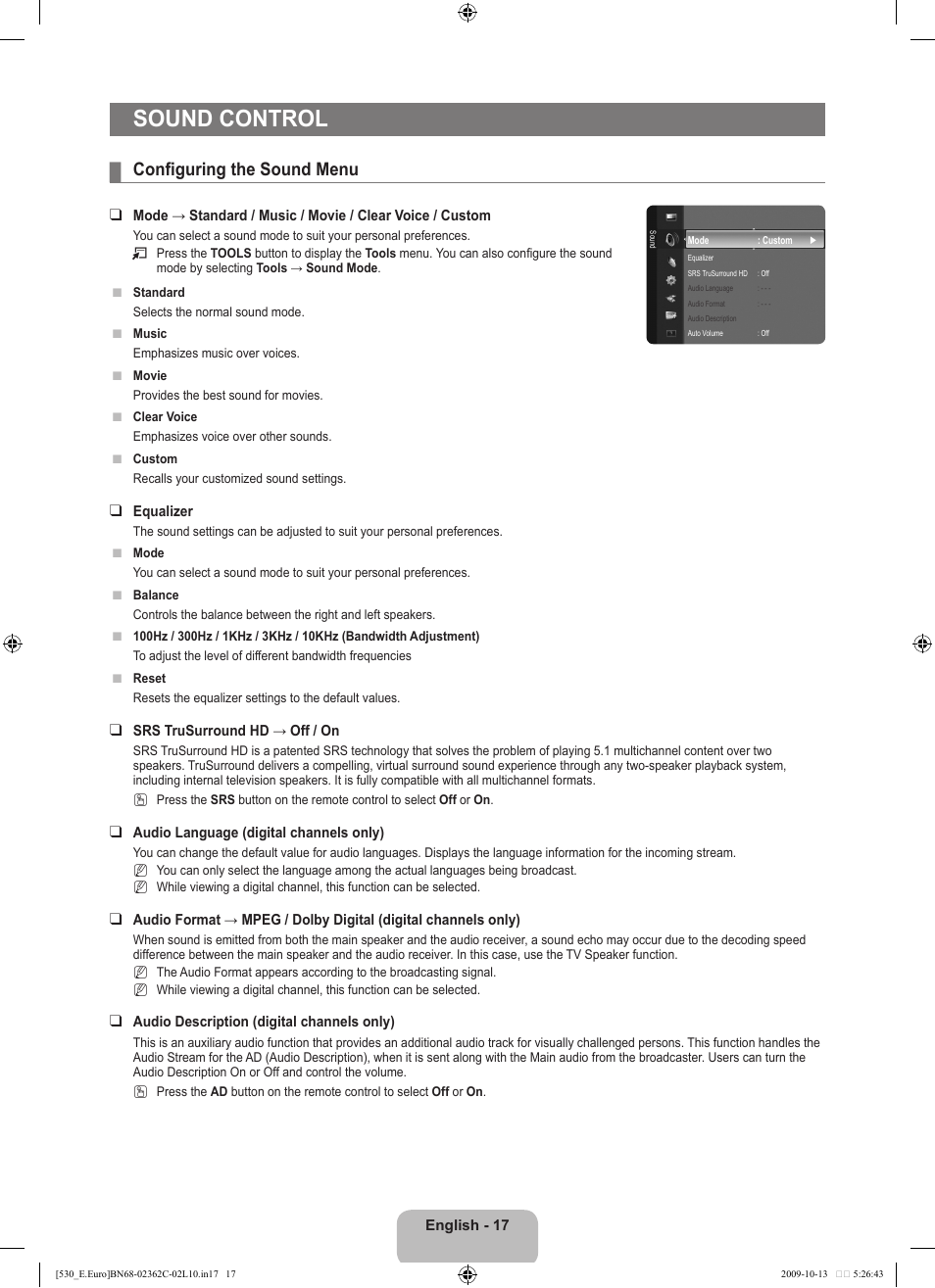 Sound control, Configuring the sound menu | Samsung LE32B541P7W User Manual | Page 19 / 368