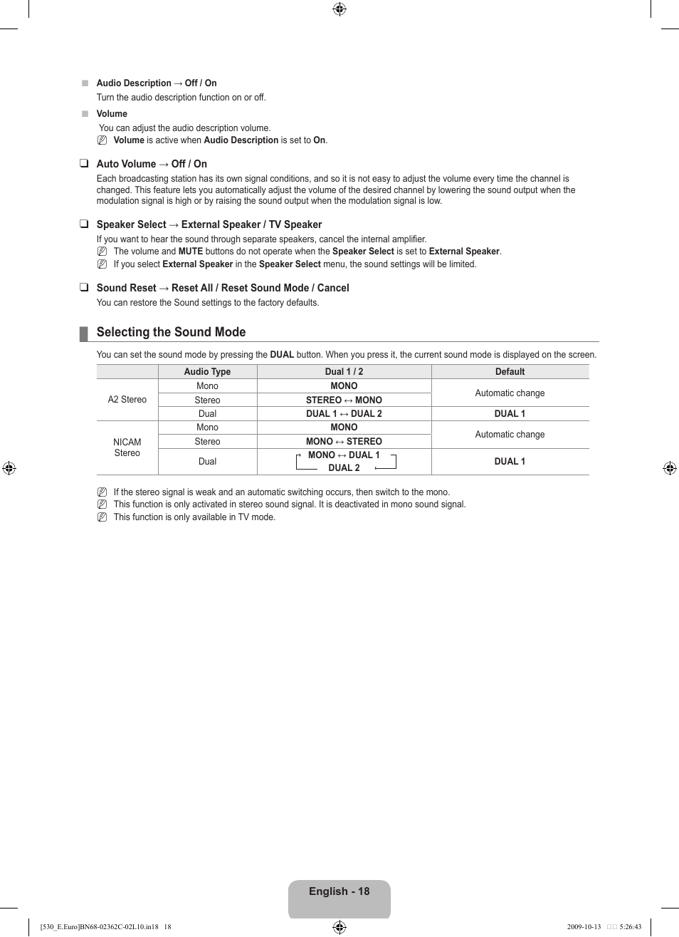 Selecting the sound mode | Samsung LE32B541P7W User Manual | Page 20 / 368