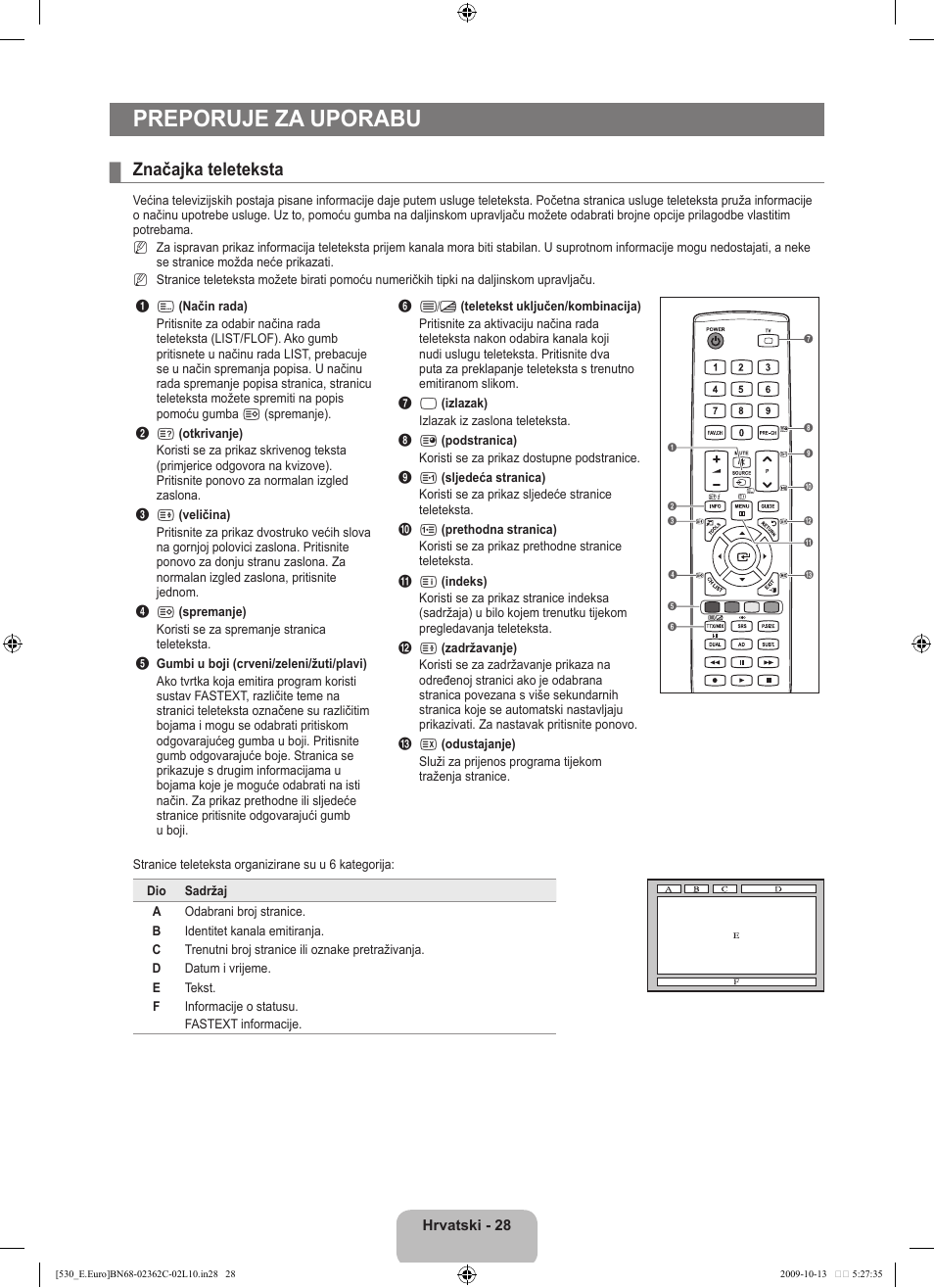 Preporuje za uporabu, Značajka teleteksta | Samsung LE32B541P7W User Manual | Page 210 / 368