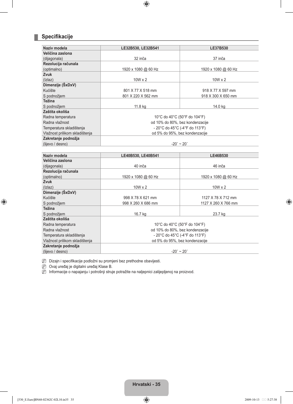 Specifikacije | Samsung LE32B541P7W User Manual | Page 217 / 368