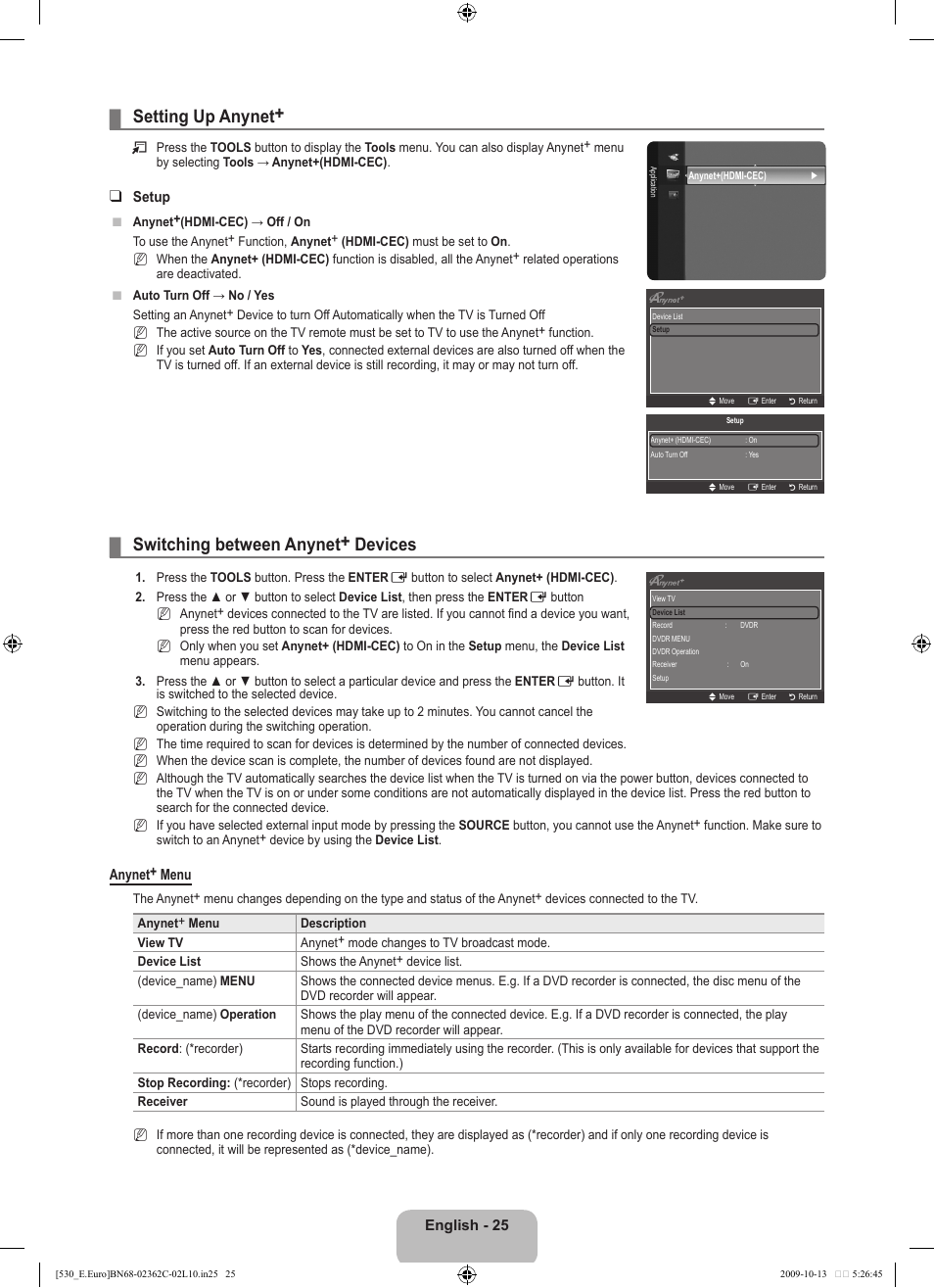 Setting up anynet, Switching between anynet+ devices | Samsung LE32B541P7W User Manual | Page 27 / 368