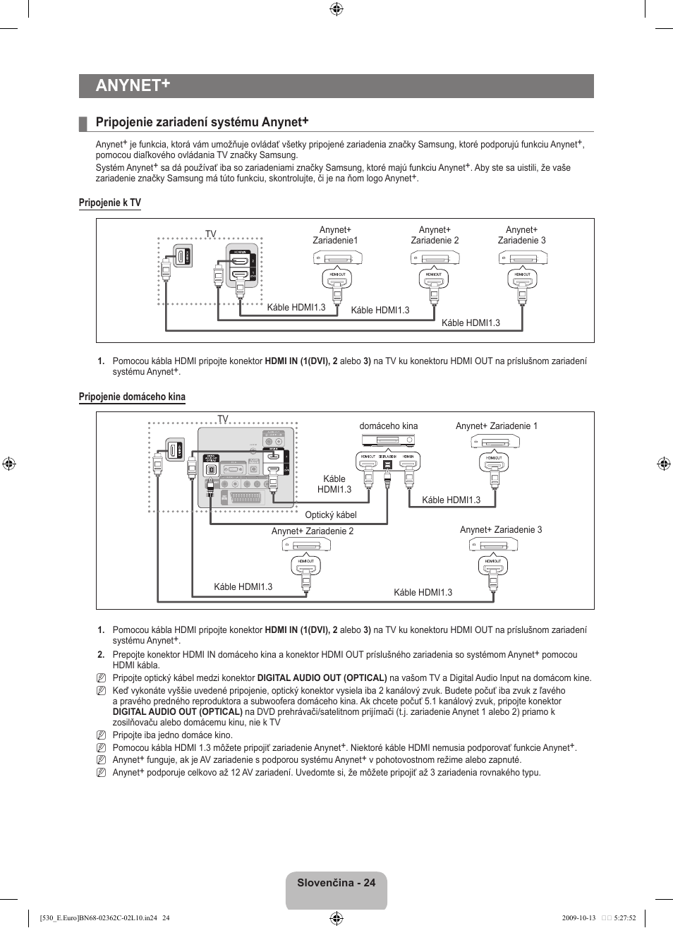 Anynet, Pripojenie zariadení systému anynet | Samsung LE32B541P7W User Manual | Page 278 / 368