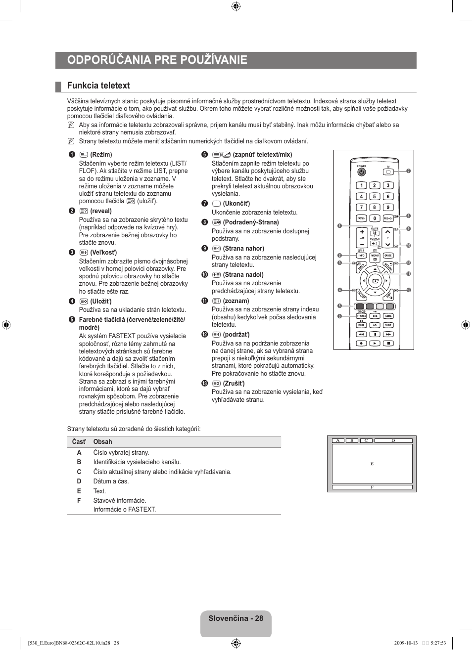 Odporúčania pre používanie, Funkcia teletext | Samsung LE32B541P7W User Manual | Page 282 / 368