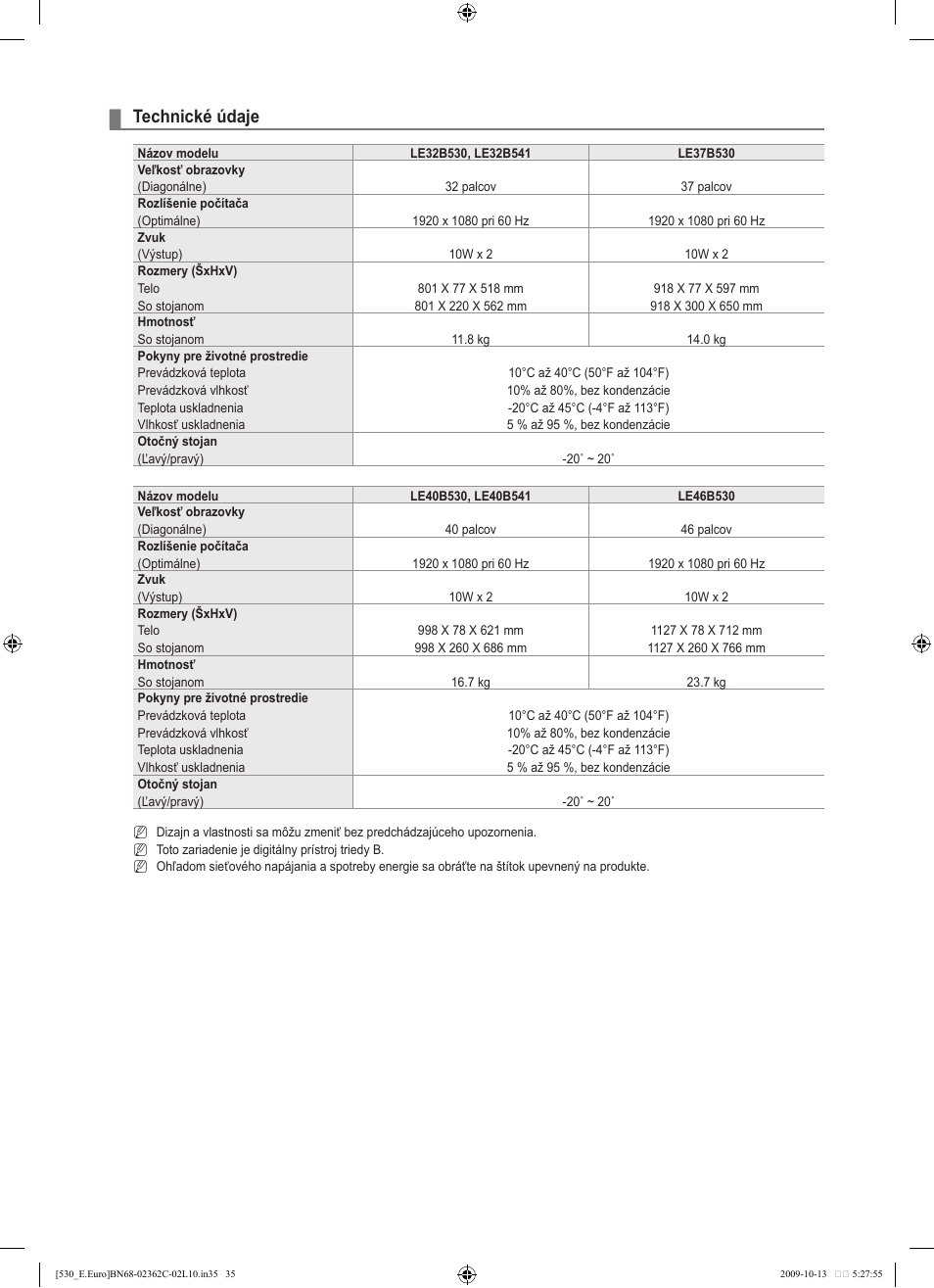 Technické údaje | Samsung LE32B541P7W User Manual | Page 289 / 368