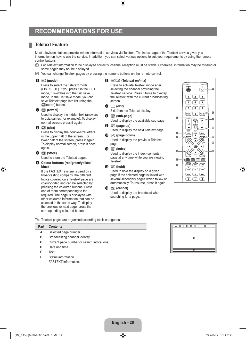 Recommendations for use, Teletext feature | Samsung LE32B541P7W User Manual | Page 30 / 368