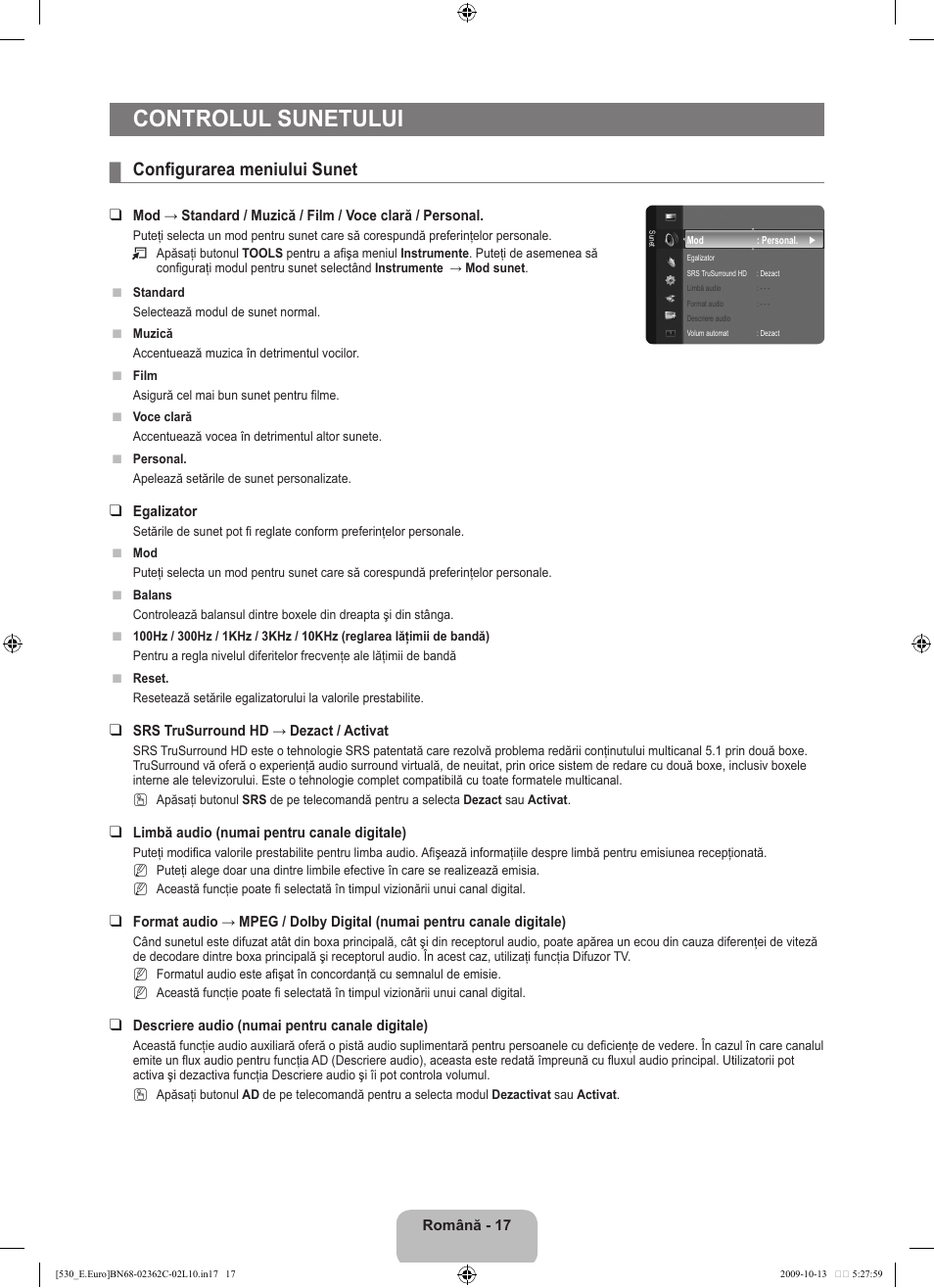 Controlul sunetului, Configurarea meniului sunet | Samsung LE32B541P7W User Manual | Page 307 / 368