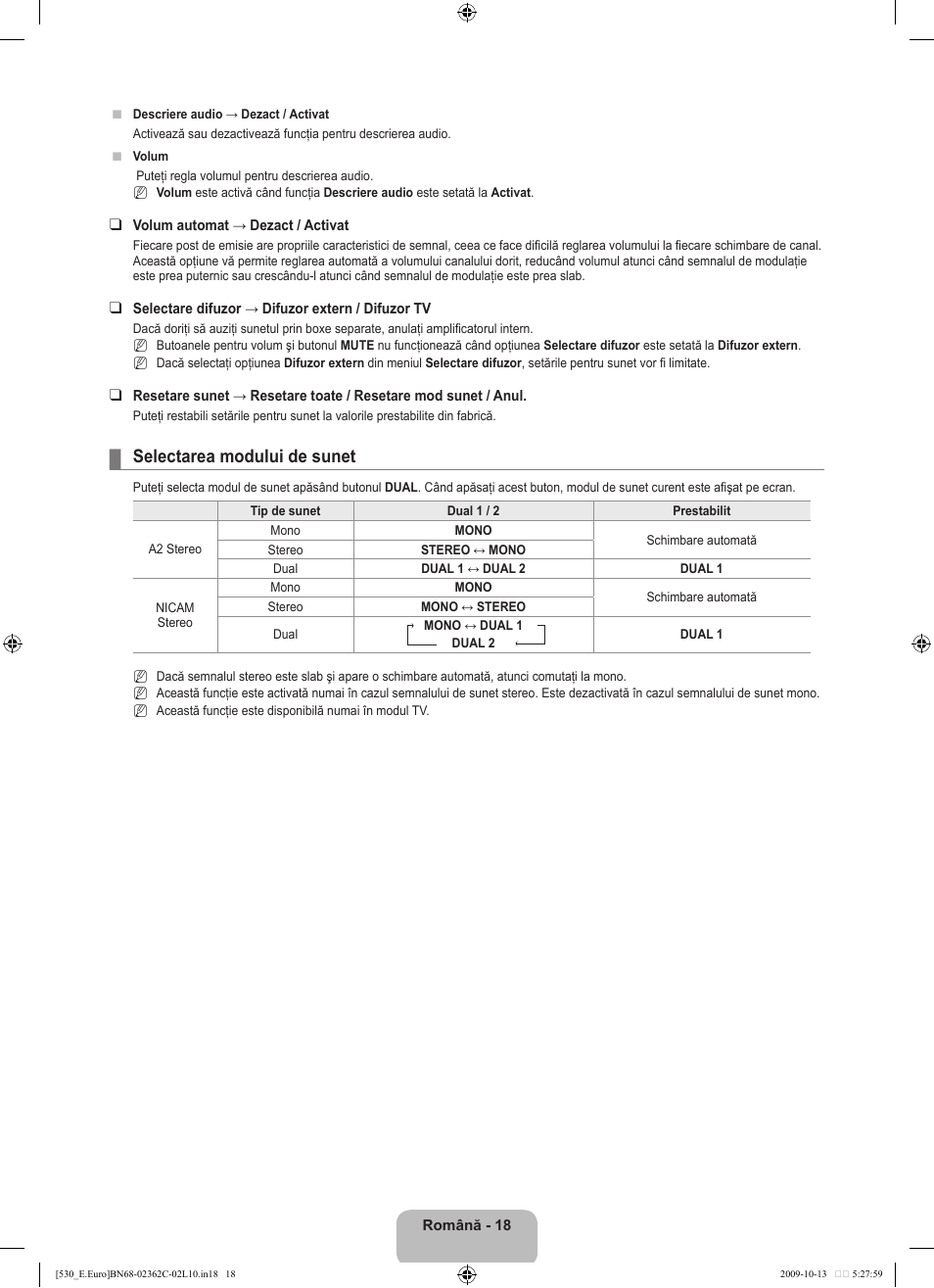 Selectarea modului de sunet | Samsung LE32B541P7W User Manual | Page 308 / 368