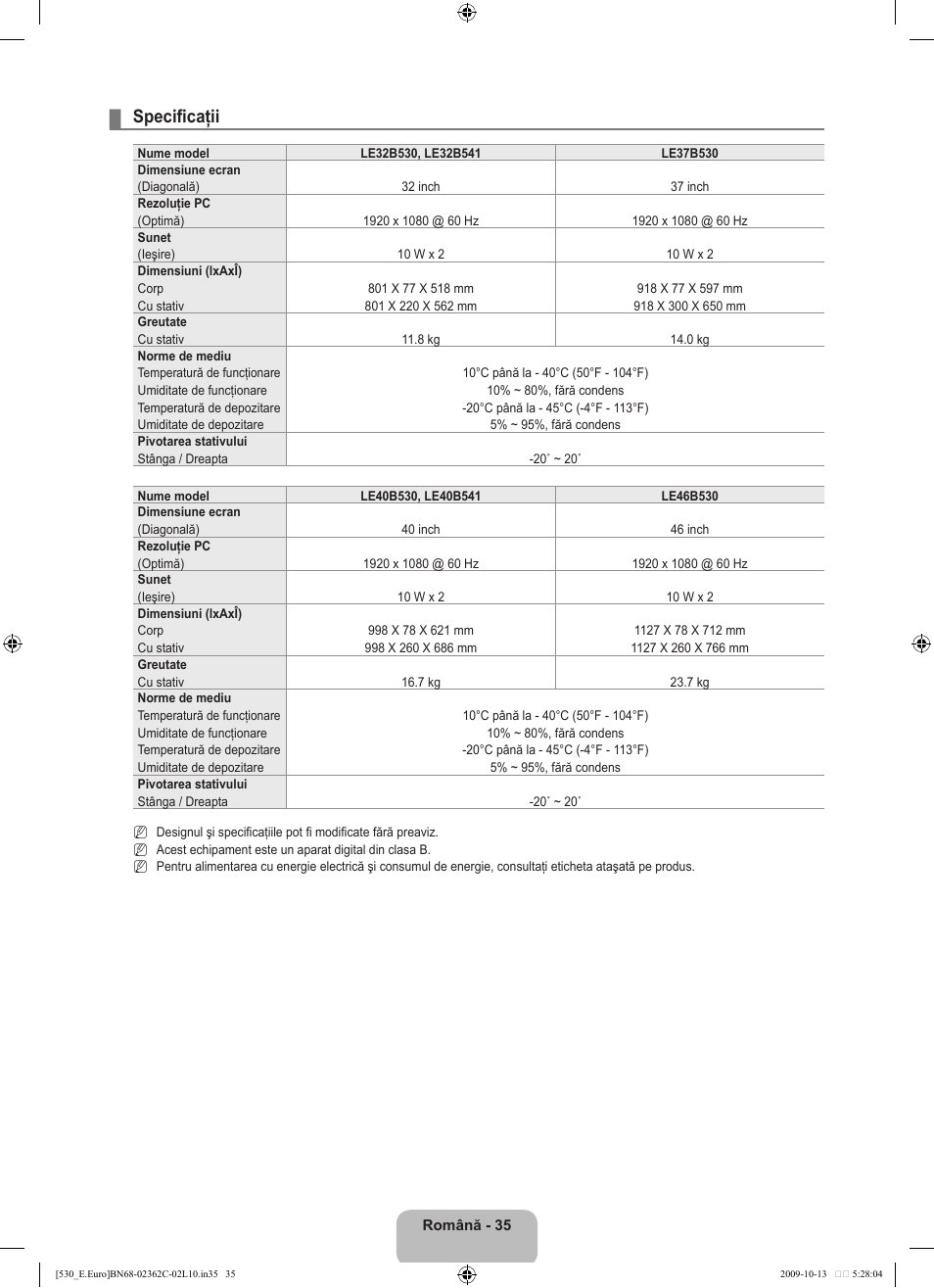 Specificaţii | Samsung LE32B541P7W User Manual | Page 325 / 368