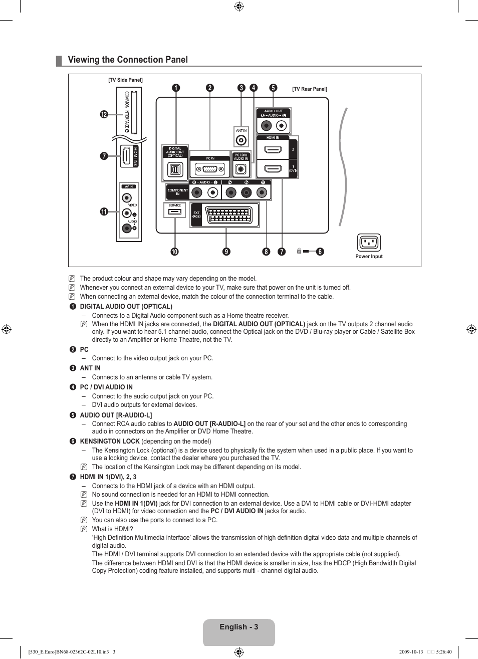 Viewing the connection panel | Samsung LE32B541P7W User Manual | Page 5 / 368