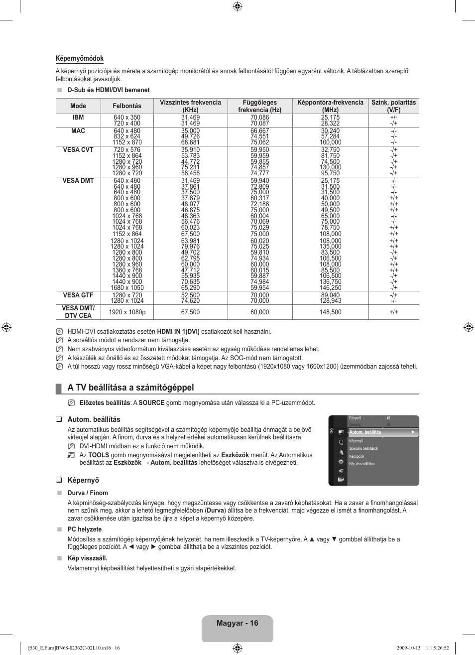 A tv beállítása a számítógéppel | Samsung LE32B541P7W User Manual | Page 54 / 368