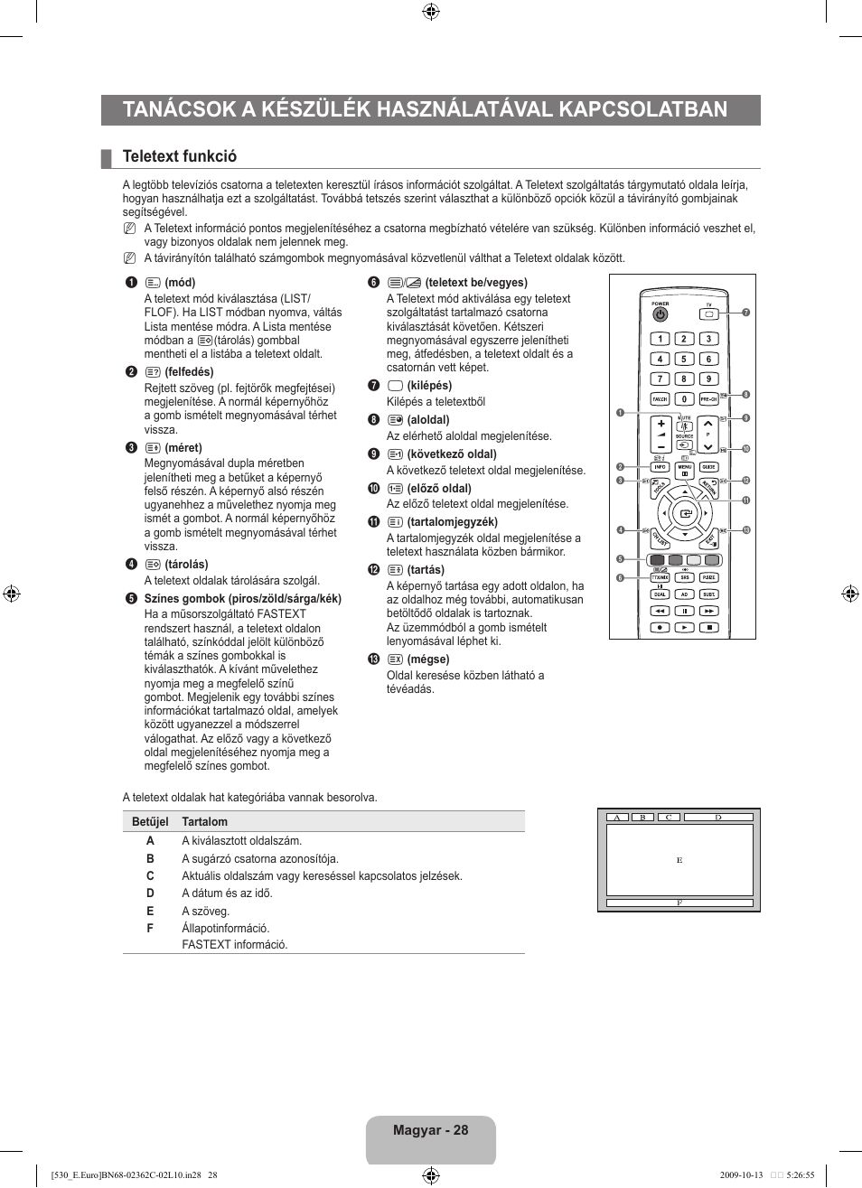 Tanácsok a készülék használatával kapcsolatban, Teletext funkció | Samsung LE32B541P7W User Manual | Page 66 / 368