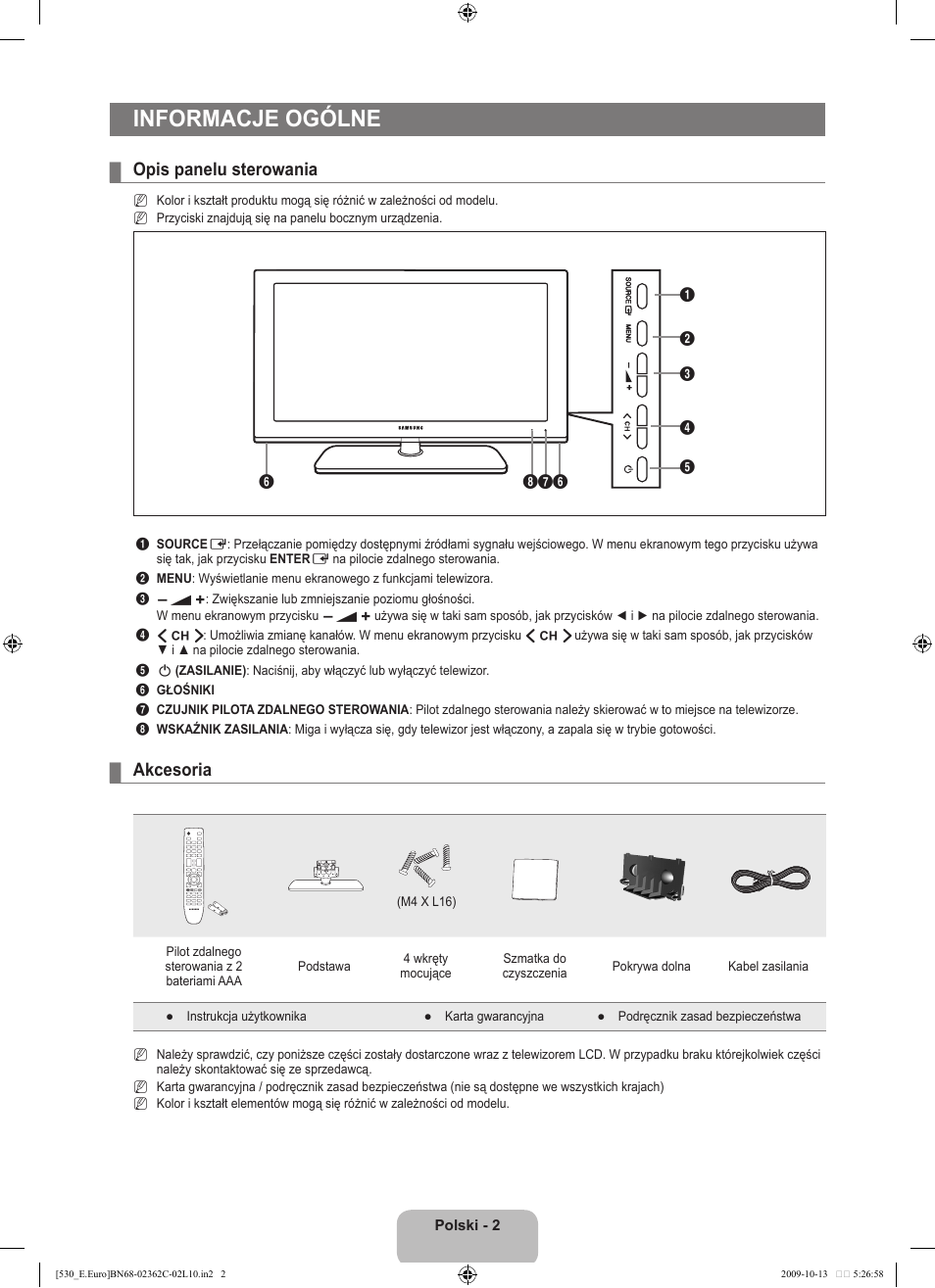 Informacje ogólne, Opis panelu sterowania, Akcesoria | Samsung LE32B541P7W User Manual | Page 76 / 368