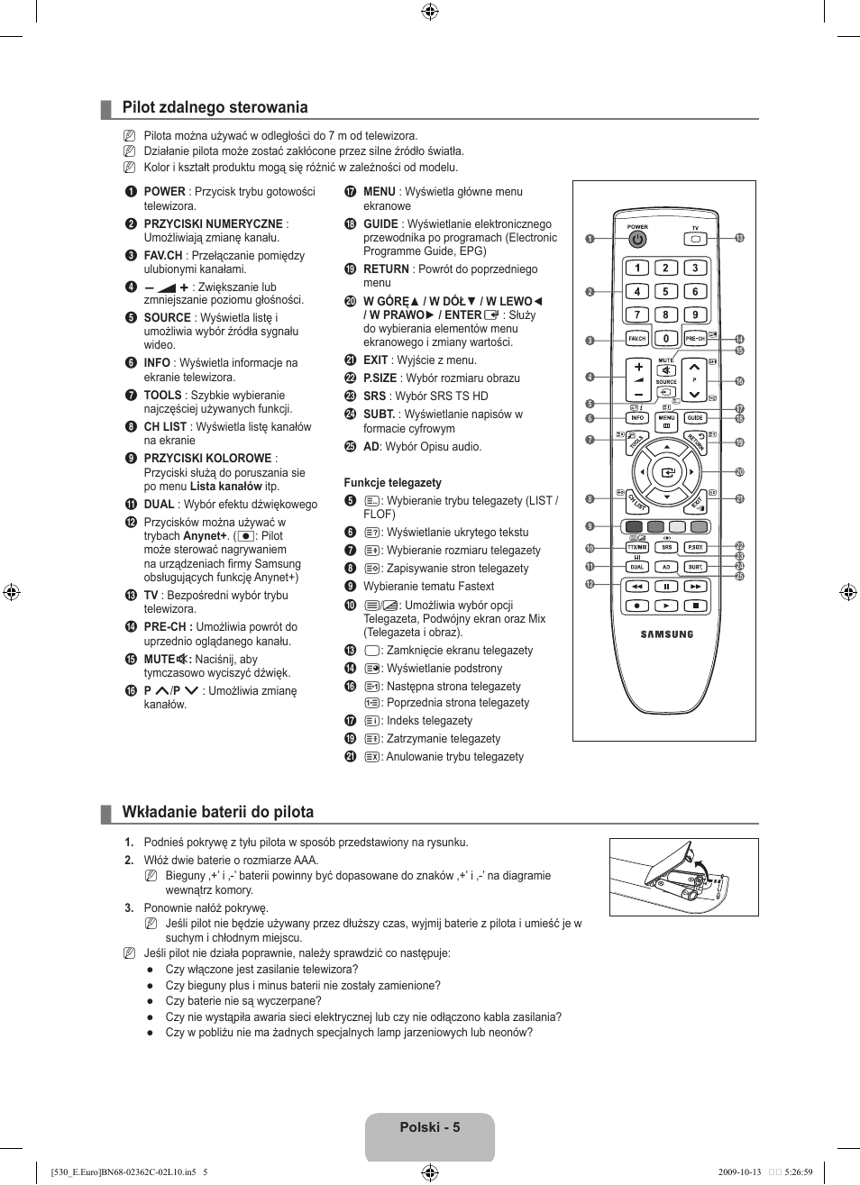 Pilot zdalnego sterowania, Wkładanie baterii do pilota | Samsung LE32B541P7W User Manual | Page 79 / 368