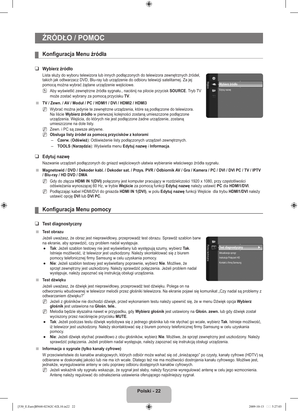 Źródło / pomoc, Konfiguracja menu źródła, Konfiguracja menu pomocy | Samsung LE32B541P7W User Manual | Page 96 / 368