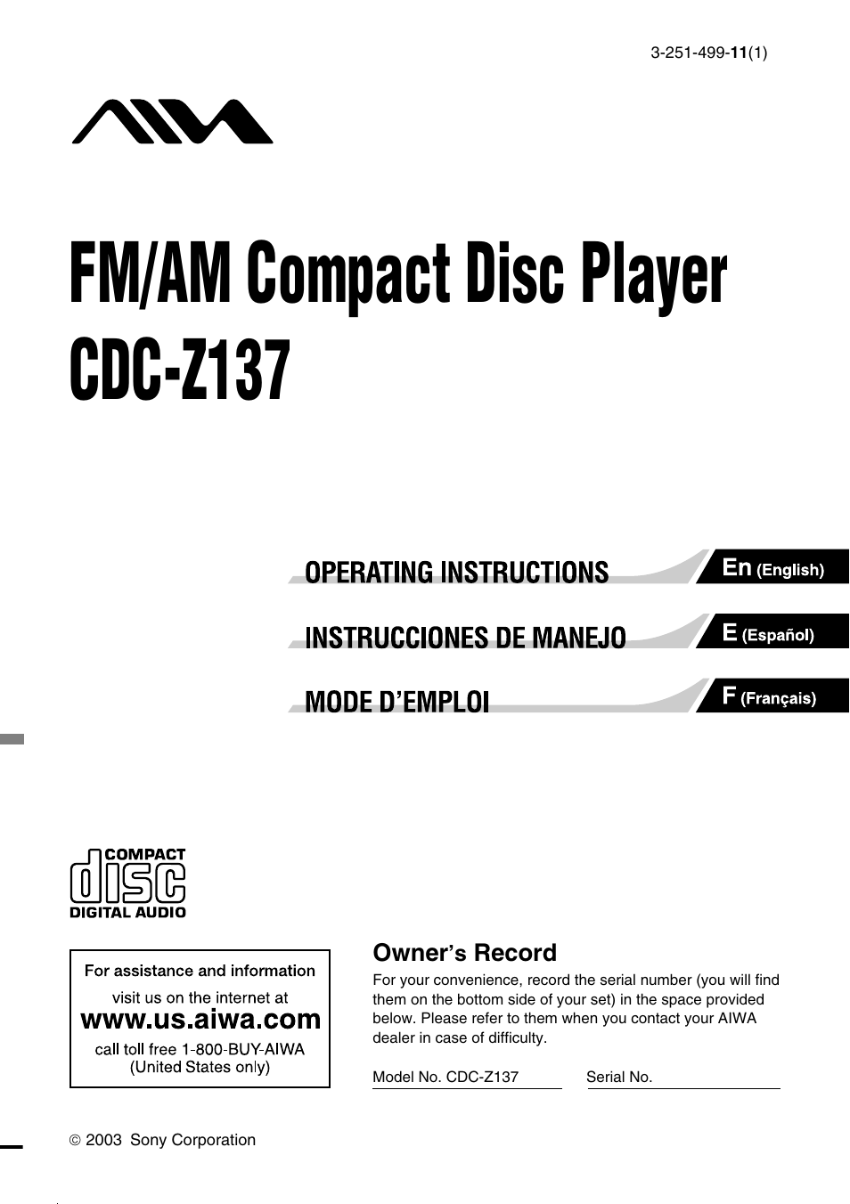 Aiwa CDC-Z137 User Manual | 8 pages