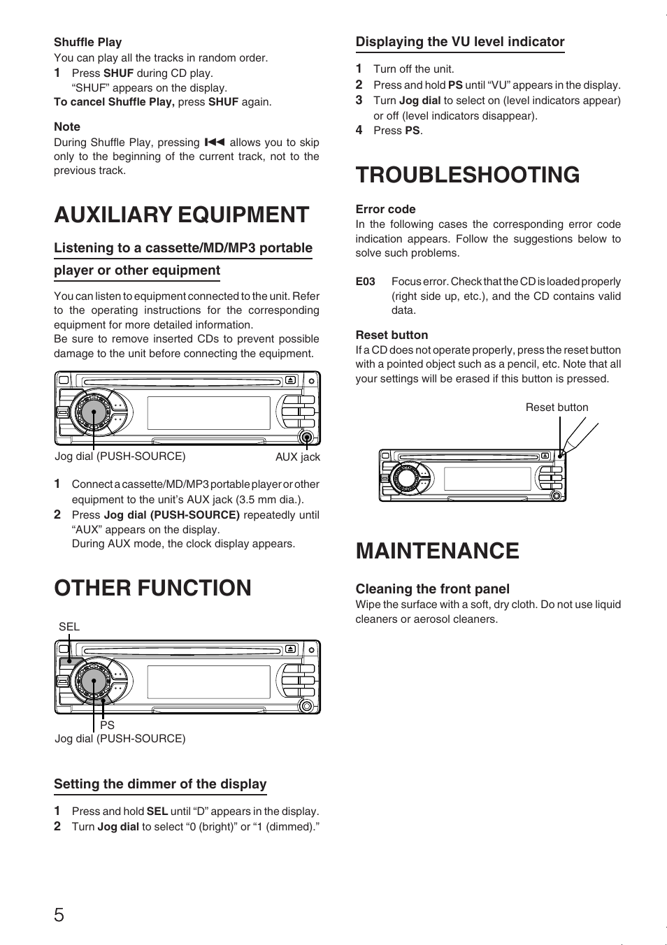 Troubleshooting, Maintenance, Auxiliary equipment | Other function | Aiwa CDC-Z137 User Manual | Page 6 / 8