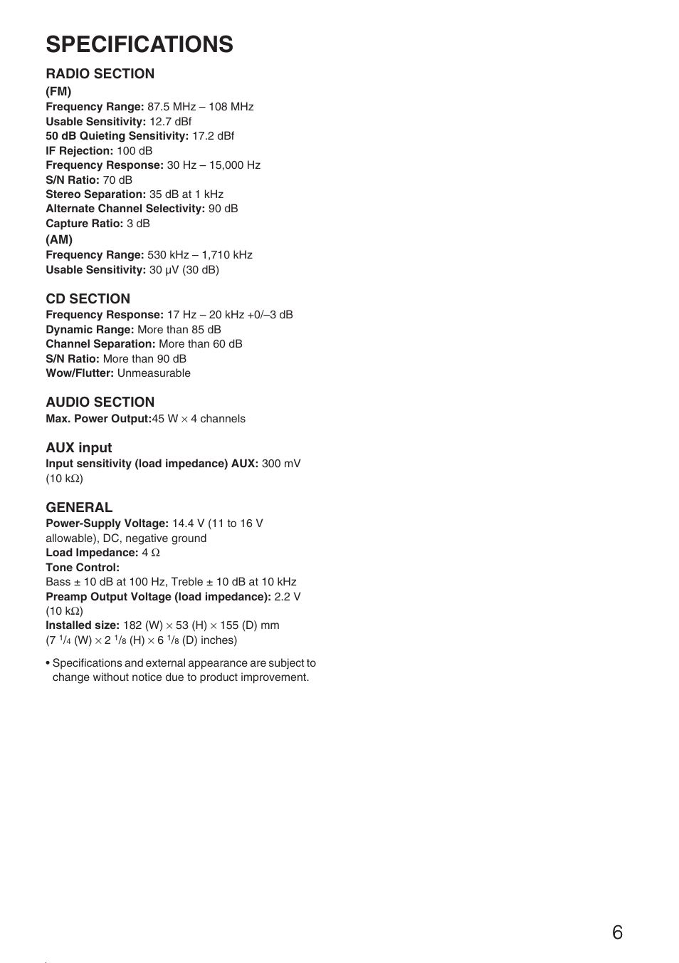Specifications | Aiwa CDC-Z137 User Manual | Page 7 / 8