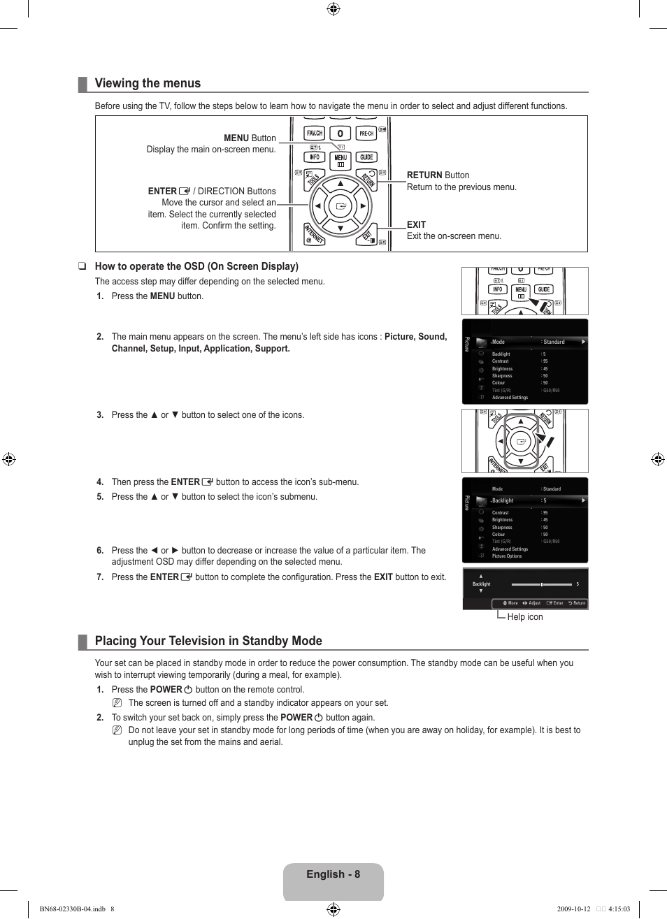 Viewing the menus, Placing your television in standby mode, English | How to operate the osd (on screen display) | Samsung UE40B8000XW User Manual | Page 10 / 702