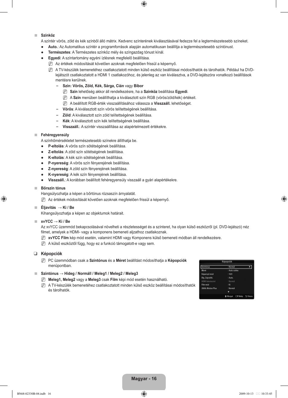 Magyar - 16, Képopciók | Samsung UE40B8000XW User Manual | Page 100 / 702