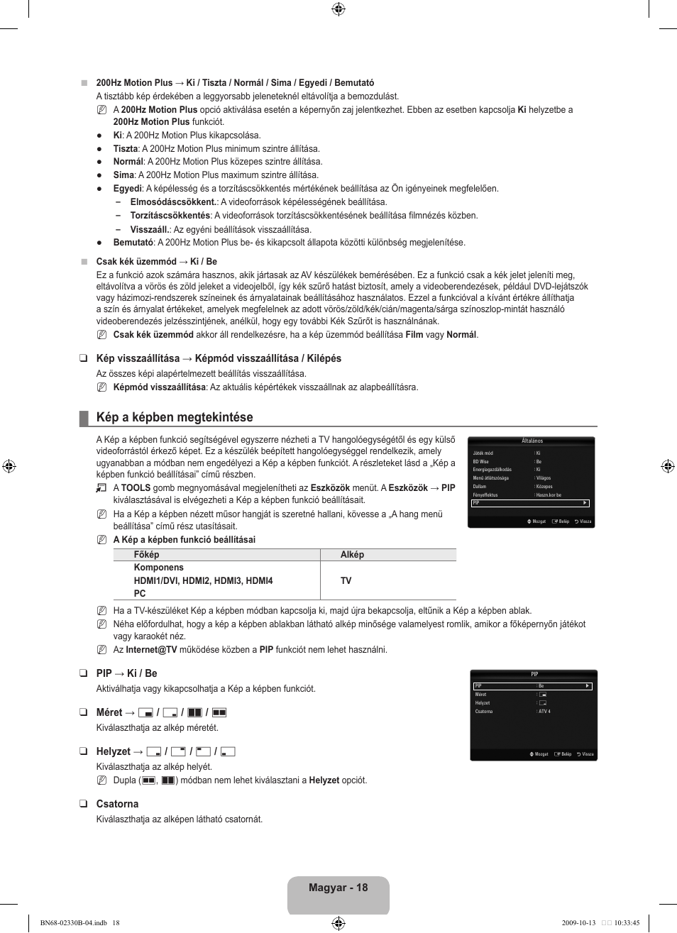 Kép a képben megtekintése, Magyar - 1, Pip → ki / be | Méret → х / г / а / œ, Helyzet → ã / – / — / œ, Csatorna | Samsung UE40B8000XW User Manual | Page 102 / 702
