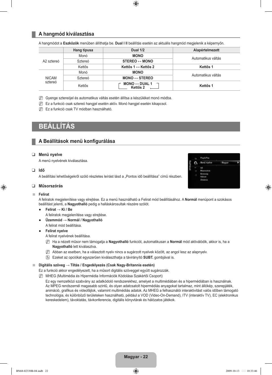 Beállítás, A hangmód kiválasztása, A beállítások menü konfigurálása | Samsung UE40B8000XW User Manual | Page 106 / 702