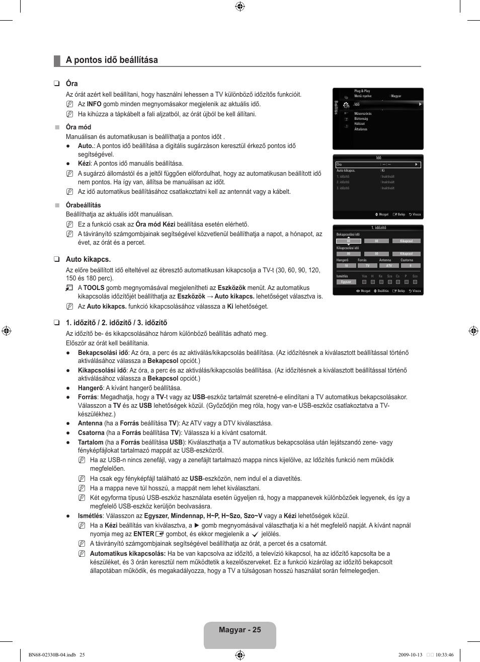 A pontos idő beállítása, Magyar - 25, Auto kikapcs | Időzítő / 2. időzítő / 3. időzítő | Samsung UE40B8000XW User Manual | Page 109 / 702