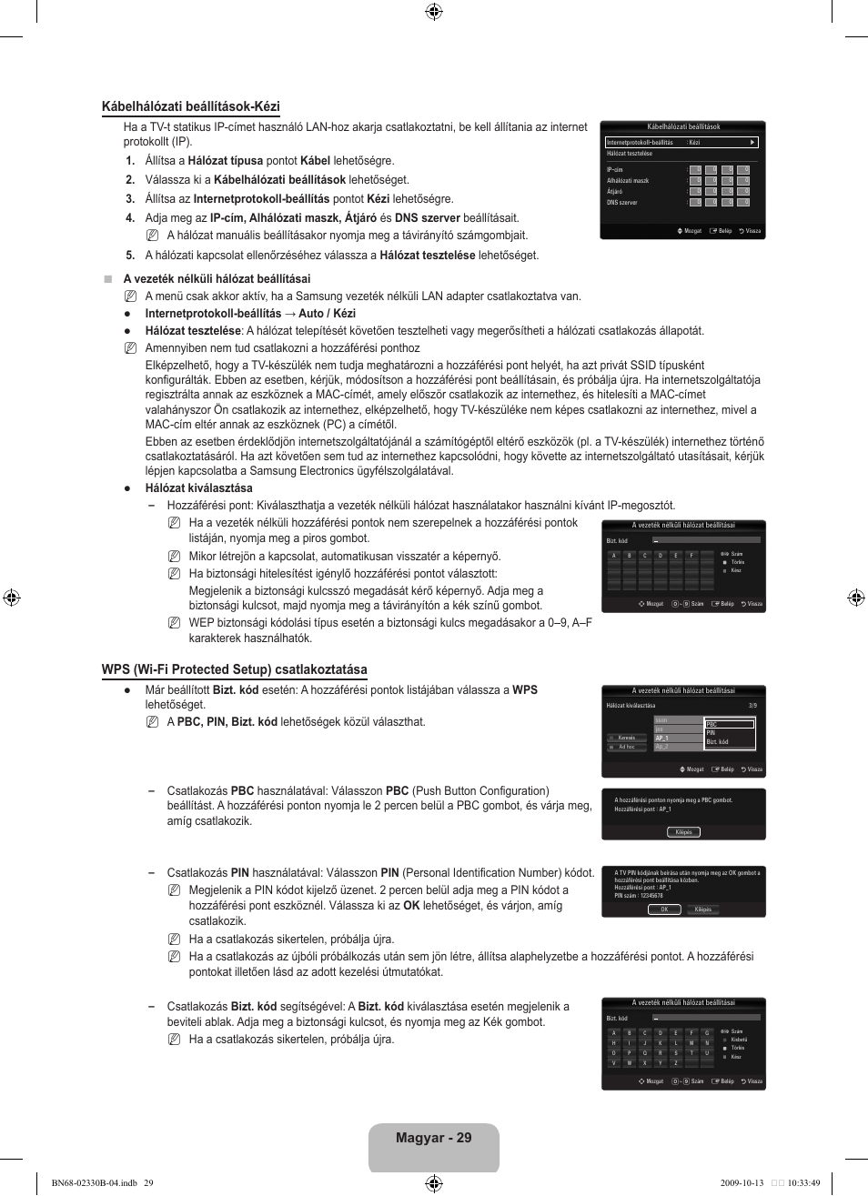 Magyar - 2 kábelhálózati beállítások-kézi, Wps (wi-fi protected setup) csatlakoztatása | Samsung UE40B8000XW User Manual | Page 113 / 702