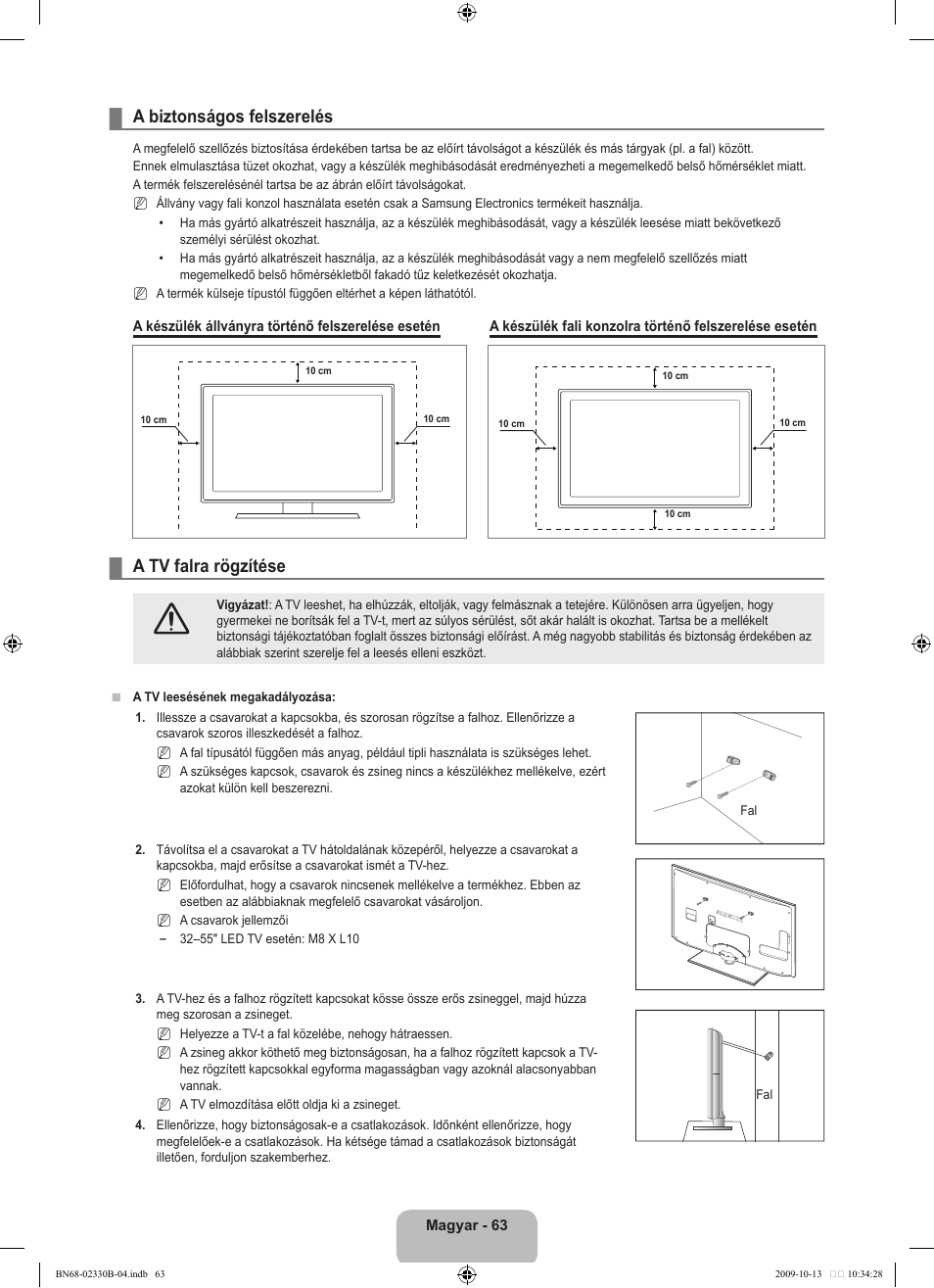 A biztonságos felszerelés, A tv falra rögzítése | Samsung UE40B8000XW User Manual | Page 147 / 702