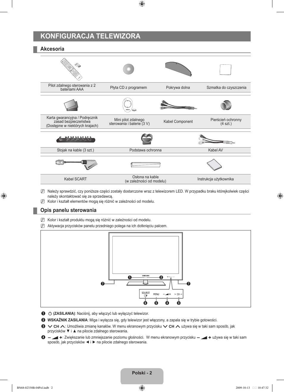 Konfiguracja telewizora, Akcesoria, Opis panelu sterowania | Samsung UE40B8000XW User Manual | Page 154 / 702